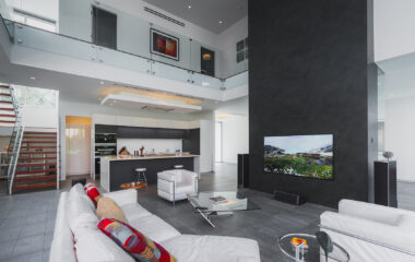 A modern home seating and entertainment area.