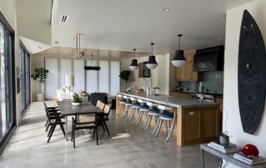 A luxury lakefront retreat kitchen and dining area.