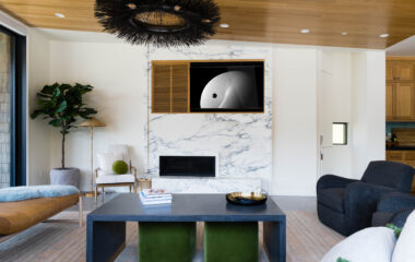 A luxury lakefront retreat living area.