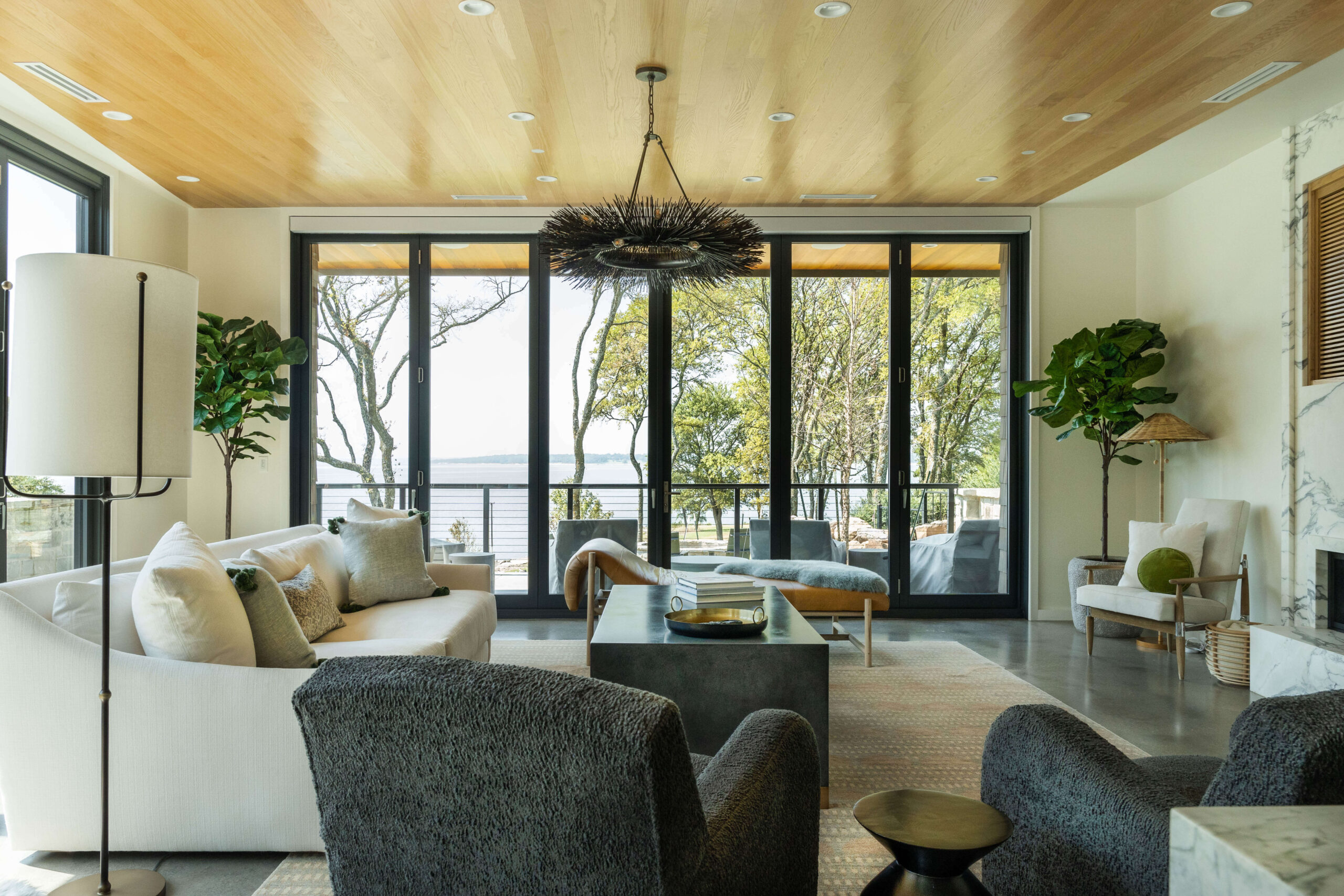 a living room in a lakefront retreat home.